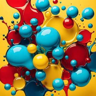 Abstract image with vibrant blue and red blobs and liquid shapes on a yellow background, AI