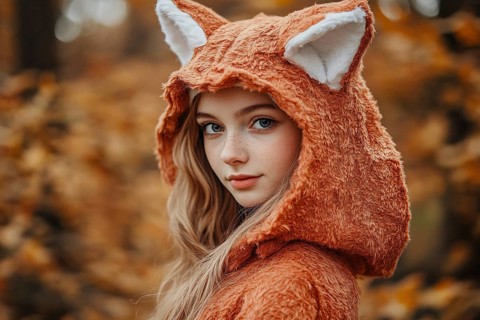 Young woman wearing a fox sweater with ears in autumn forest. Generative Ai, AI generated