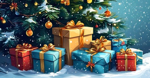 Abstract illustration of wrapped Christmas gifts, shiny ribbons and bows, stacked under a evergreen