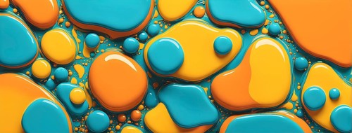 Abstract wallpaper with colorful turquoise and yellow blobs and liquid shapes on a orange