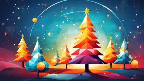 Abstract Christmas tree illustration with vibrant colors and geometric shapes, AI generated