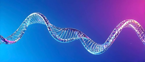 DNA double helix structure against gradient blue background, AI generated