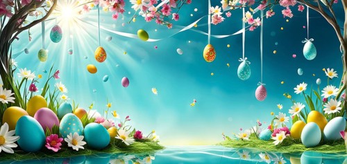 Surreal Easter scene with floating eggs, ribbons, and flowers in a dreamlike, whimsical composition