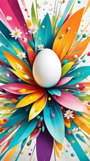 An energetic, abstract explosion of spring colors with egg and flower motifs subtly integrated,