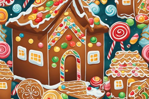 Abstract wallpaper illustration of of gingerbread house decoration, AI generated