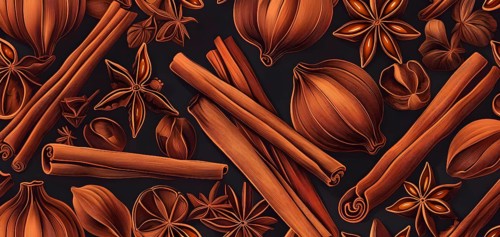 Abstract wallpaper illustration of Christmas spices like cinnamon sticks, star anise, and cloves,