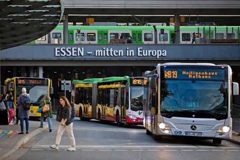 Essen public transport buses at Essen central station with local train, public transport,