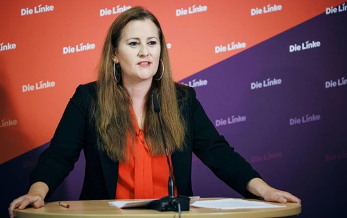 Janine Wissler, Chairwoman of the Left Party, recorded at a press conference in Berlin, 19 August