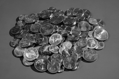 Euro coins, small change, a pile of money, black and white image