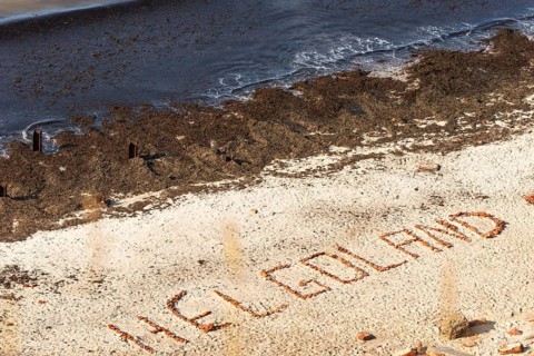 Helgoland lettering laid with stones on the northern beach, seaweed, coastal fringe, offshore