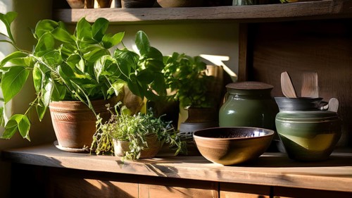 A sunlit kitchen corner, with a rustic wooden shelf holding neatly arranged ceramic bowls and a