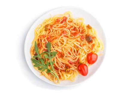 Corn noodles with tomato sauce and arugula isolated on white background. Top view, flat lay