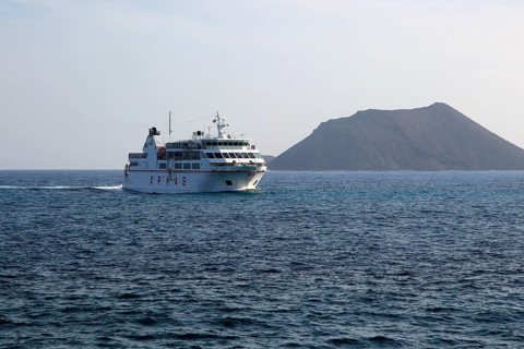 Armas ferry ship passing Los Lobos island, Corralejo, Fuerteventura, Canary Islands, Spain, Europe