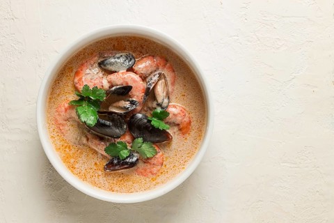 Seafood, shrimp and mussels, in creamy garlic sauce, homemade, no people