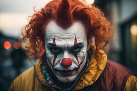 An evil clown with red hair and a red nose is wearing a yellow outfit. The clown has a sad