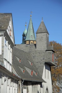 Slate roof of the building Großes Heiliges Kreuz and tower of Marktkirche, spire, slate roofs,