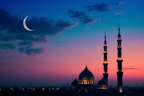 Ramadan with a mosque silhouetted against a starry night sky, illuminated by the crescent moon, AI