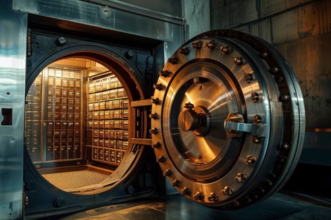 Open bank vault door, revealing a room filled with safety deposit boxes in safe depositary. The