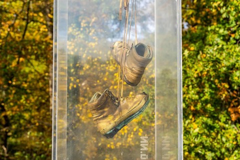 Art installation with hiking boots, artists Walter Gramming and Ushi F, Wiesenburg, International