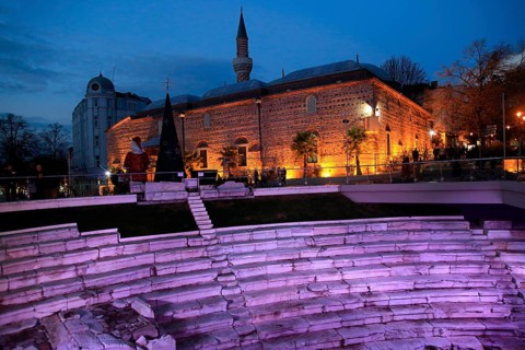Roman stadium steps illuminated at night, city centre of Plovdiv, Bulgaria, Europe