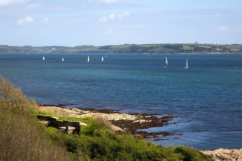Sailing boats in River Fal estuary from Pendennis Point, Falmouth, Cornwall, England, UK