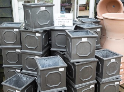 Display of Chelsea pots on sale, The Walled garden plant nursery, Benhall, Suffolk, England, UK