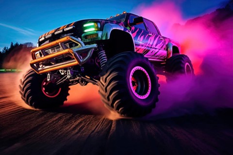 Monster truck with neon lighting, off-road in cloud of dust. Excitement and thrill of an extreme