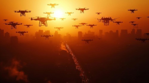 Swarm of UAV unmanned aircraft drones flying near the United States capitol at sunset, AI generated