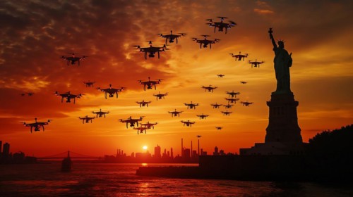 Swarm of UAV unmanned aircraft drones flying near the United States statue of liberty in new york,