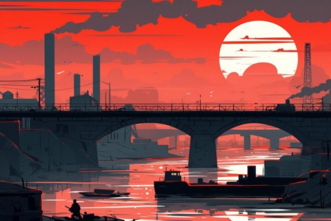 Illustration, graphic of an industrial landscape with bridges over a river, smoking chimneys at