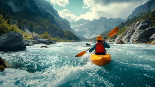 Kayaker paddling the rapids of A beautiful mountain river. generative AI, AI generated