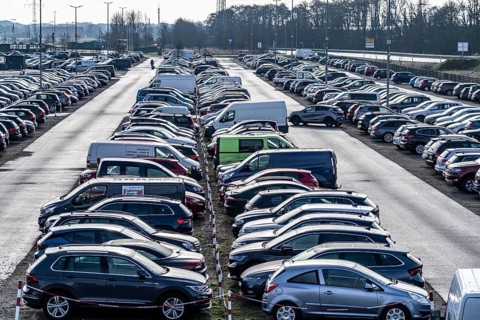 Large car park at the ferry terminal to the East Frisian islands of Norderney and Juist, Lower
