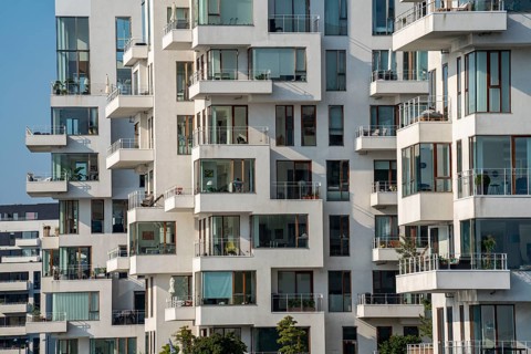 Residential buildings, apartment buildings, condominiums, at the harbour, Havneholmen, near
