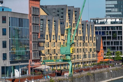 Promenade on the Rhine, at the old customs harbour, in Cologne South, on the Rhine, high-rise