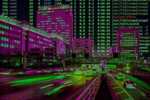 Symbolic image cyberattack, computer crime, cybercrime, computer hackers attack a city's IT