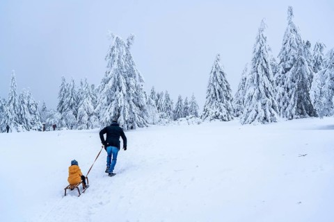Winter in Sauerland, Hochsauerlandkreis, at Kahler Asten, near Winterberg, few tourists, visitors,
