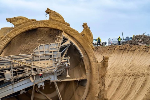 Opencast lignite mine Garzweiler 2, bucket wheel excavator 261 excavating the surface, at the rest