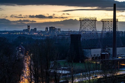 View of the skyline of Essen, city centre, seen from the Zeche Zollverein, skeleton of the cooling