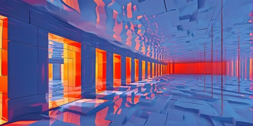 Windows aligned within an elongated tunnel permeated with gradients of blue and orange hues, AI
