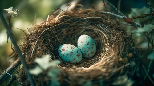 Bird nest with spotted robin eggs within in the tree, generative AI, AI generated