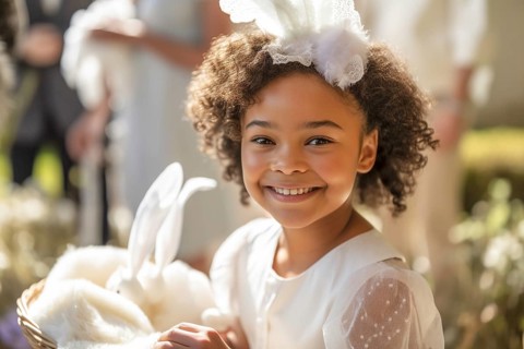 Portrait of a beautiful mulatto girl wearing a white dress for easter sunday and holding a bunny,