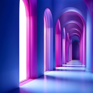 Windows aligned within an elongated tunnel permeated with gradients of blue and magenta hues, AI