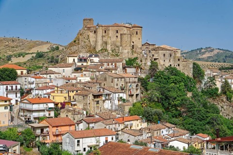 The castle and town of Oriolo, an Italian municipality in the province of Cosenza in the Pollino
