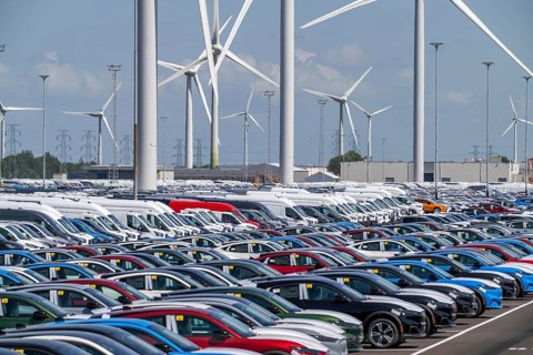 Storage area for new cars in the port of Vlissingen-Oost, vehicles are temporarily stored on over