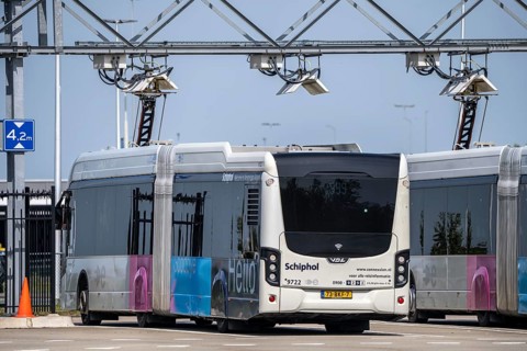 Fast charging station for electric buses at Amsterdam Schiphol Airport, the entire fleet of
