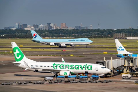 Amsterdam Schiphol Airport, Korean Air Cargo, Boeing 747, taking off on the Aalsmeerbaan runway,