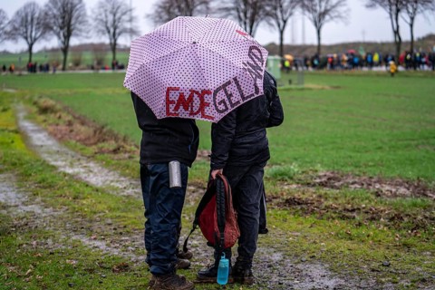 Demonstration against the demolition of the lignite village of Lützerath, from the village of