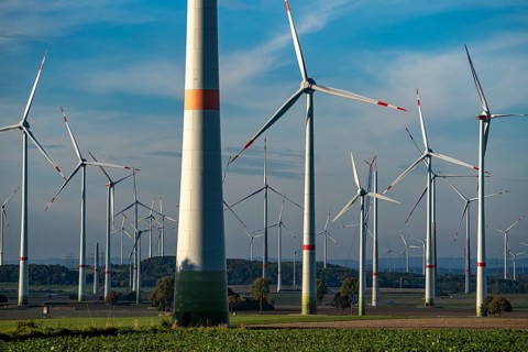 Wind farm near Bad Wünnenberg, Ostwestfalen Lippe, along the A44 motorway, North Rhine-Westphalia,
