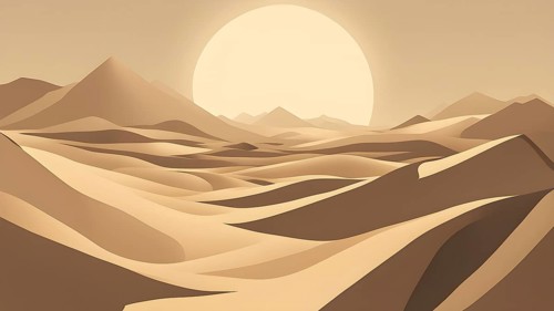 Abstract desert scene with triangular sand dunes and a single circular sun, using sharp lines and
