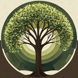 Abstract geometric tree with a circular canopy and a rectangular trunk, arranged in a clean,